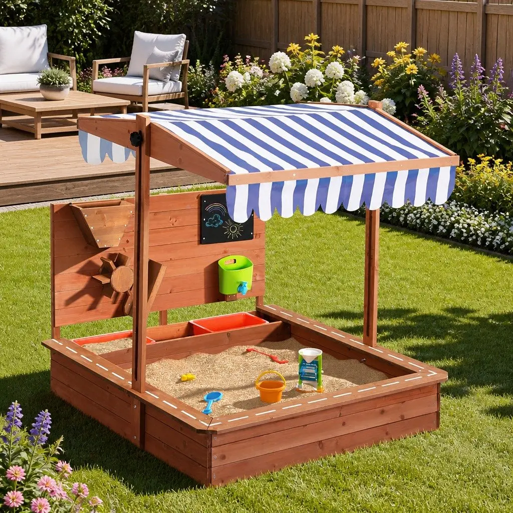 Kids Sandbox Wooden Canopy Sandpit Outdoor Playset Water Resistant Cover Funnel