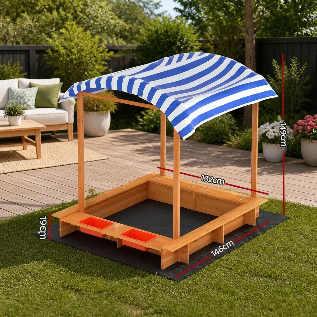 Kids Wooden Sandbox Natural Wood 146cm with Canopy Dual Basin Water Play