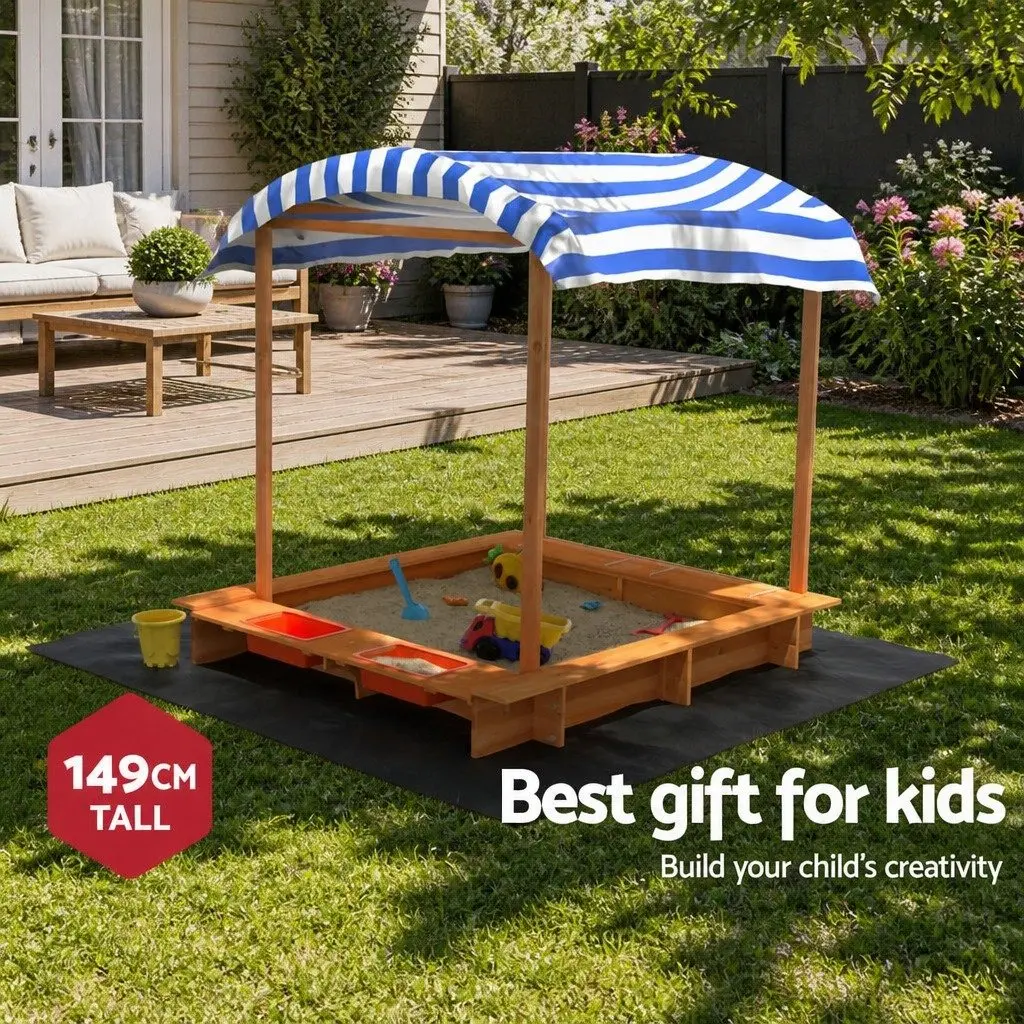Kids Wooden Sandbox Natural Wood 146cm with Canopy Dual Basin Water Play