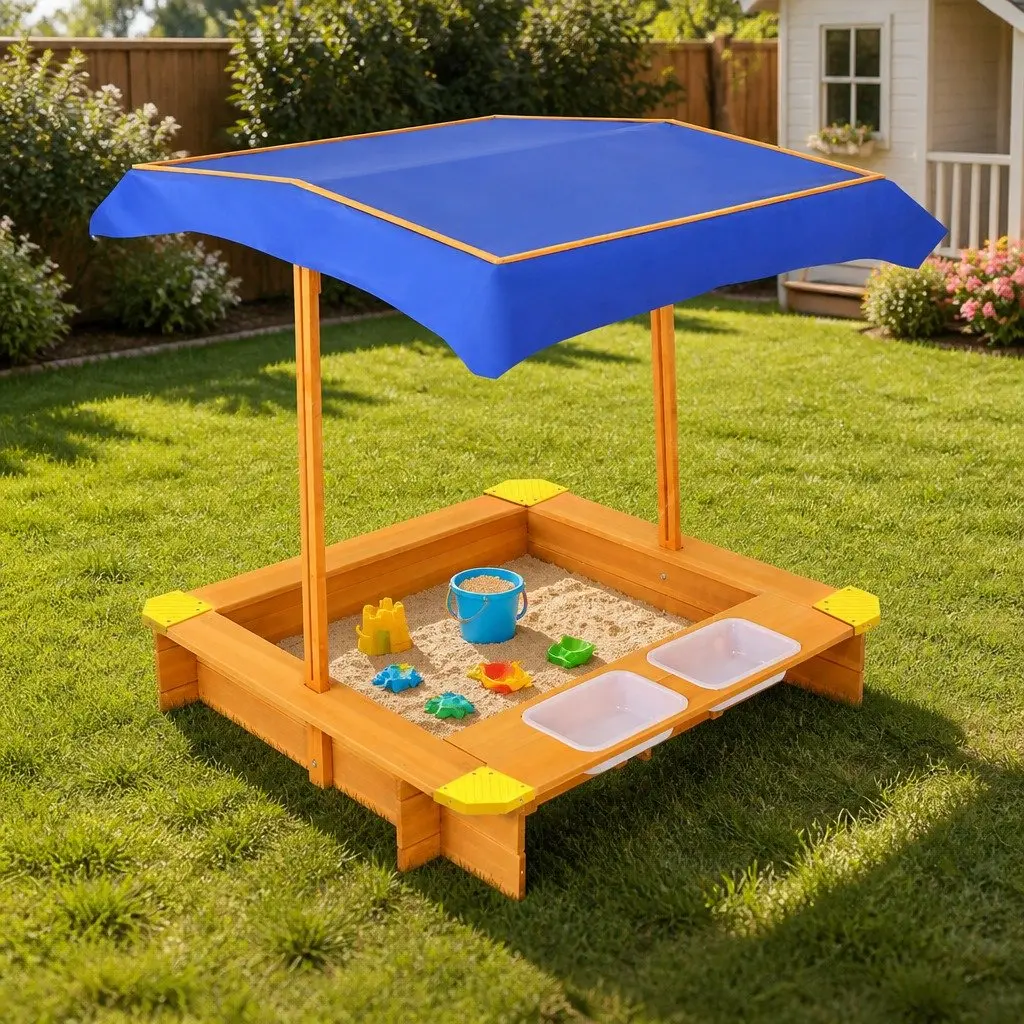 Kids Sandbox Natural Wood 103cm Adjustable Canopy Dual Water Basins Outdoor Play Equipment