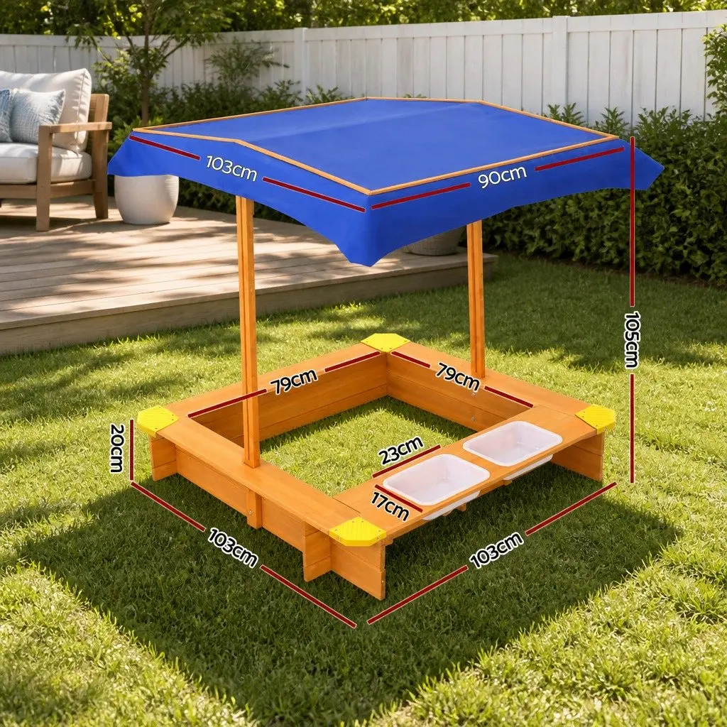 Kids Sandbox Natural Wood 103cm Adjustable Canopy Dual Water Basins Outdoor Play Equipment