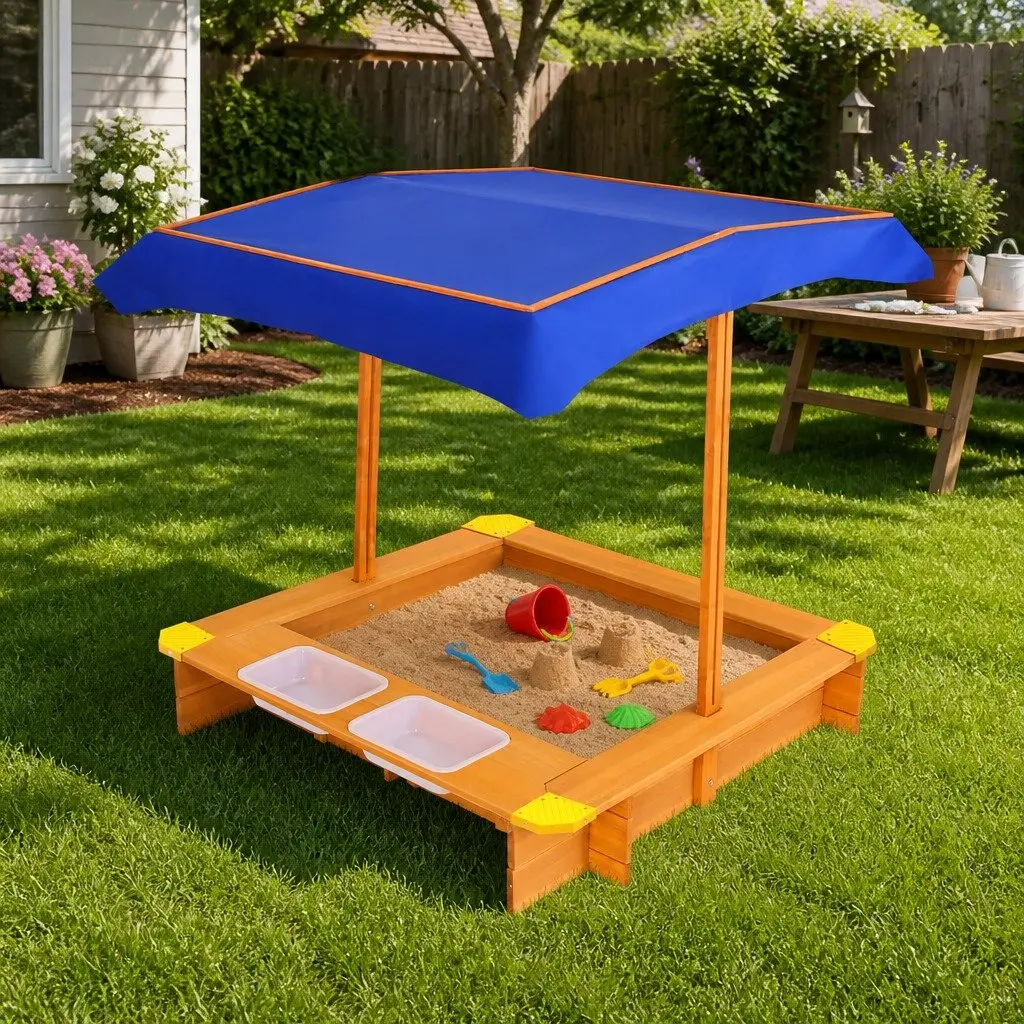 Kids Sandbox Natural Wood 103cm Adjustable Canopy Dual Water Basins Outdoor Play Equipment