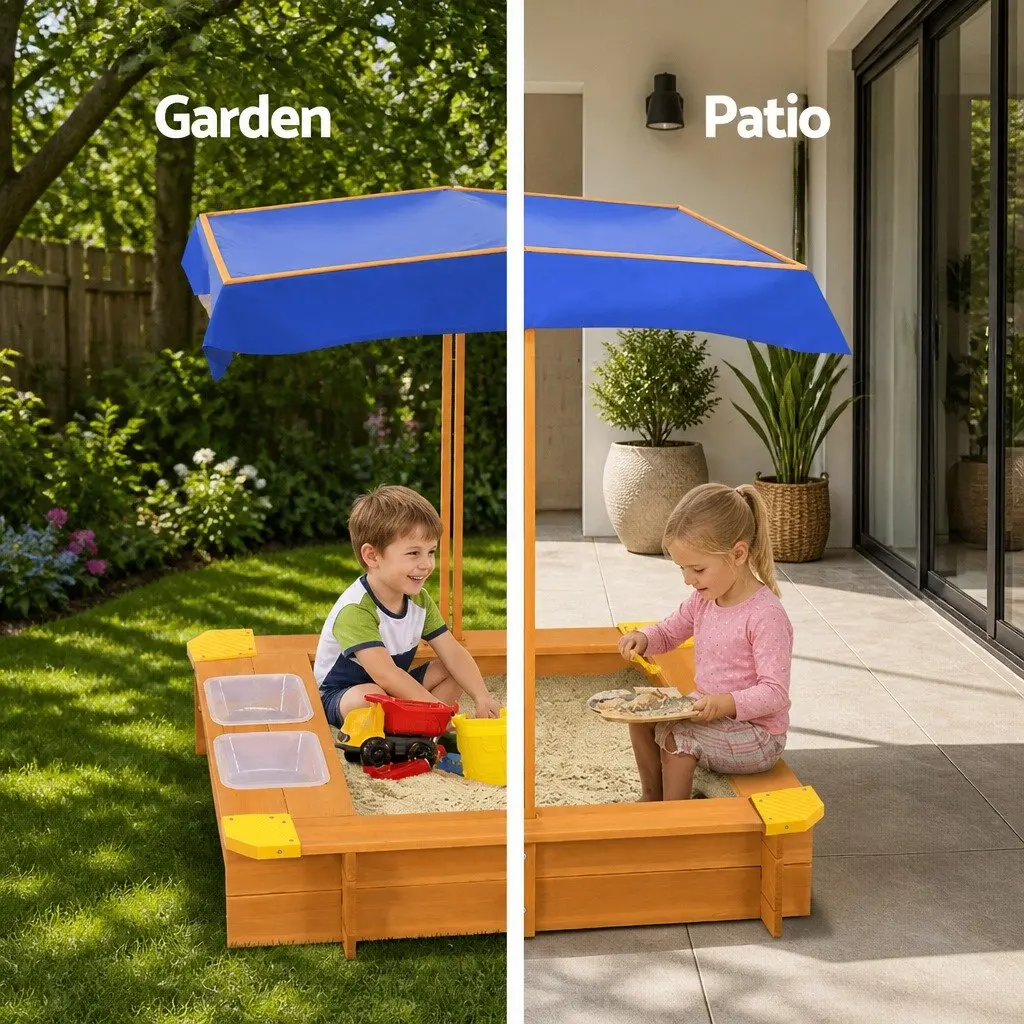 Kids Sandbox Natural Wood 103cm Adjustable Canopy Dual Water Basins Outdoor Play Equipment