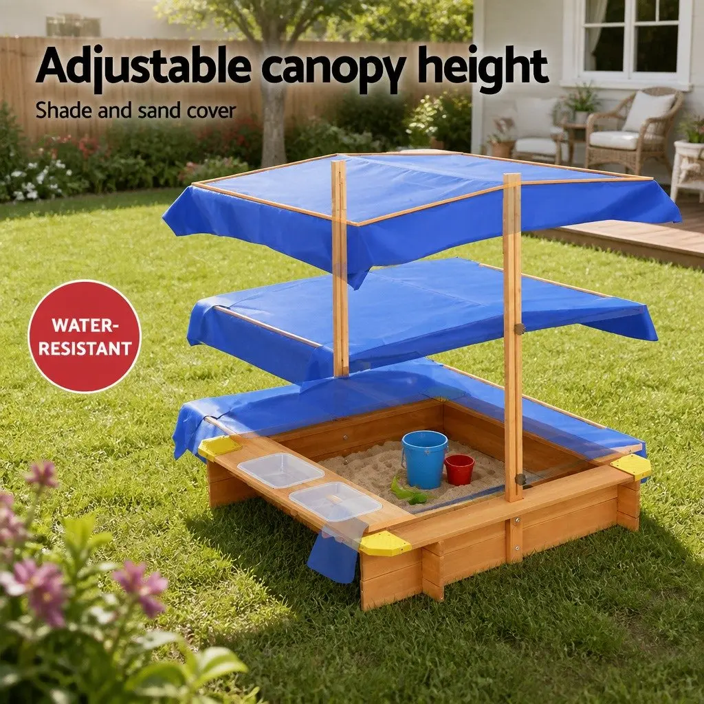 Kids Sandbox Natural Wood 103cm Adjustable Canopy Dual Water Basins Outdoor Play Equipment