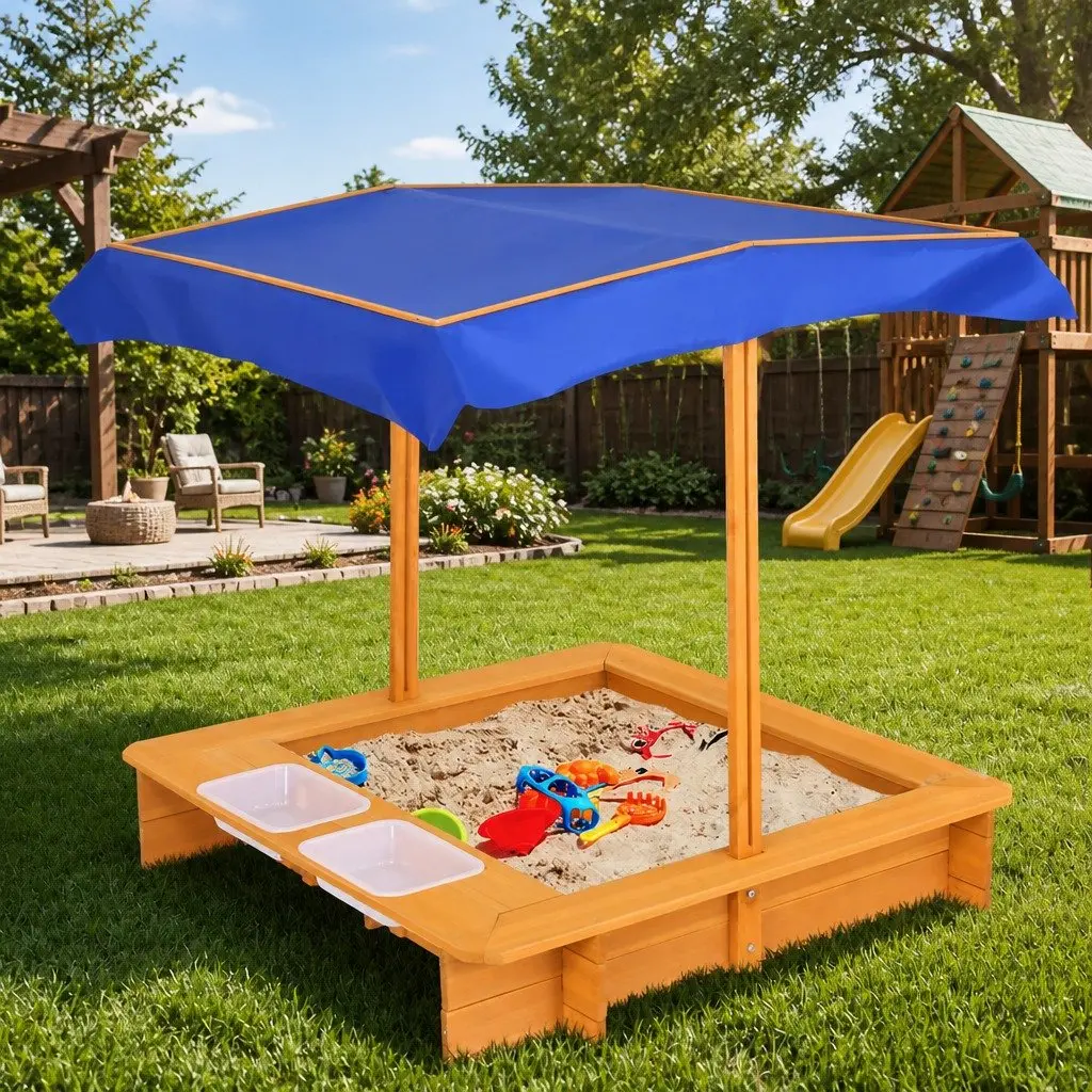 Kids Sandbox Natural Wood 103cm Adjustable Canopy Dual Water Basins Outdoor Play Equipment