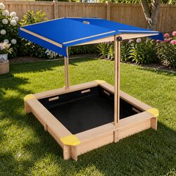 Kids Wooden Sandbox 101cm Square Outdoor Sand Pit with Canopy Bench Seat