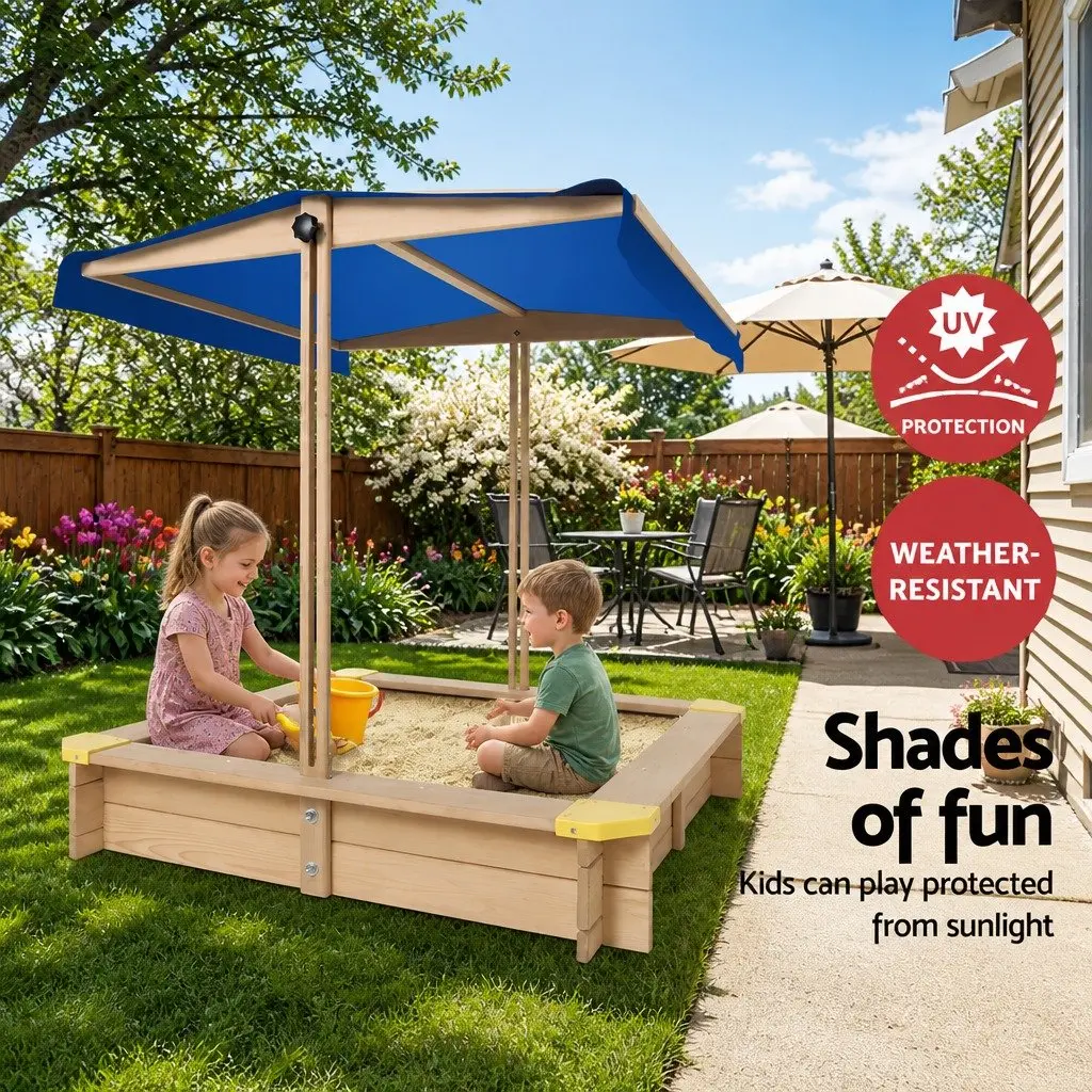 Kids Wooden Sandbox Natural Wood 101cm Square Outdoor Sand Pit with Adjustable Canopy and Bench Seat