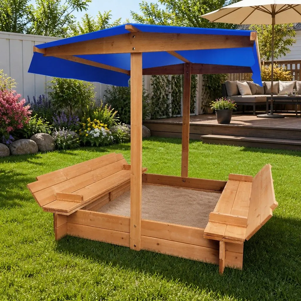 Kids Sandbox Natural Wood 120cm Canopy Cover Rounded Corners Outdoor Play