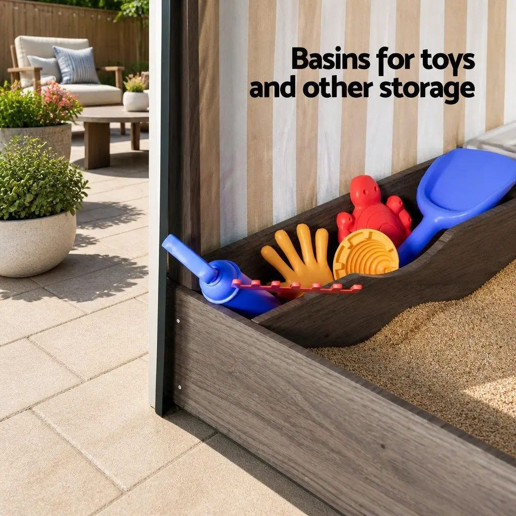 Wooden Sandbox Brown 120cm Water-Resistant Canopy Roll-Up Mesh Window