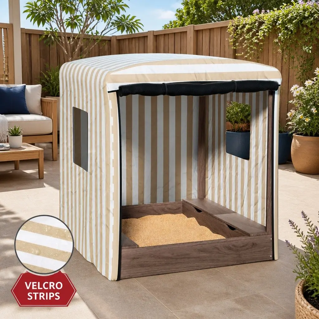 Wooden Sandbox Brown 120cm Water-Resistant Canopy Roll-Up Mesh Window