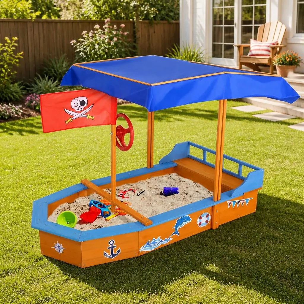 Kids Wooden Boat Sandbox with Canopy Bench Seating Outdoor Sand Pit Play 150cm