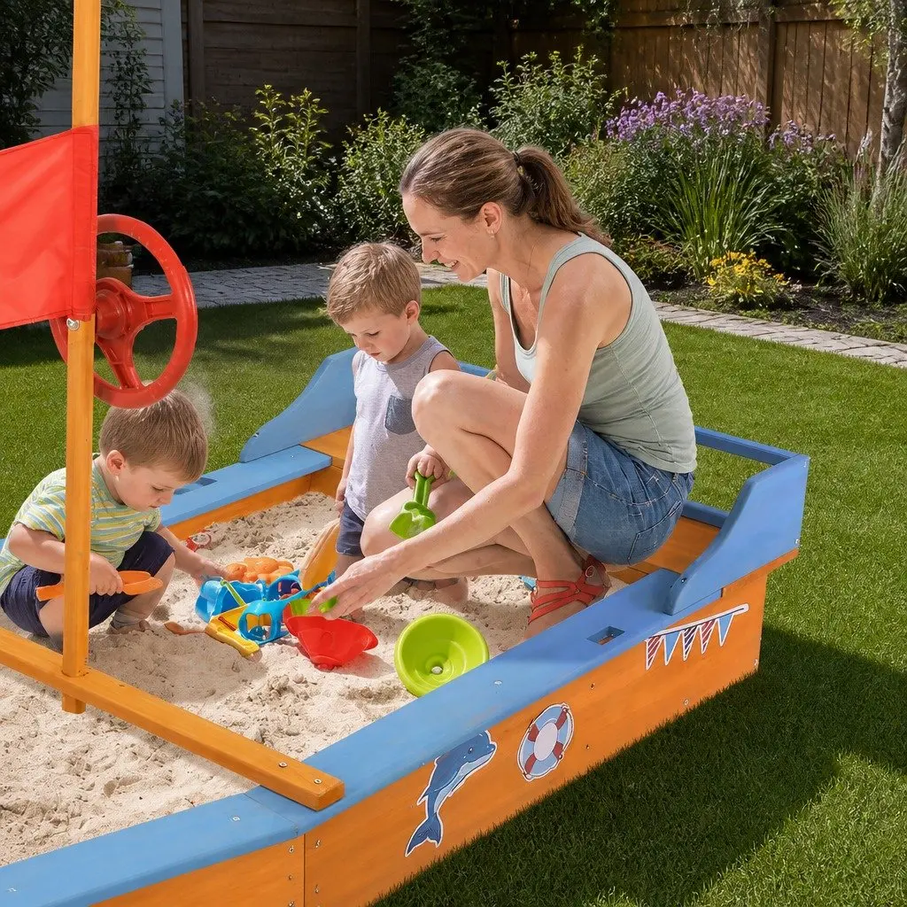 Kids Wooden Boat Sandbox Natural Wood 150cm Outdoor Play Pit with Canopy Bench Seating