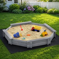 Kids Octagon Wooden Sand Pit with Cover Bench Seat Outdoor Play 182cm Grey