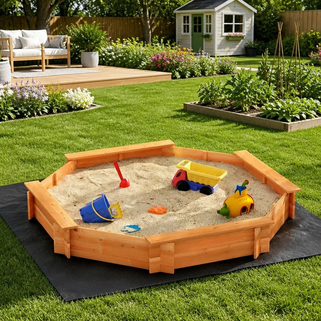 Wooden Sandpit Natural 182cm Octagon Shape with Integrated Bench Seating and Protective Cover