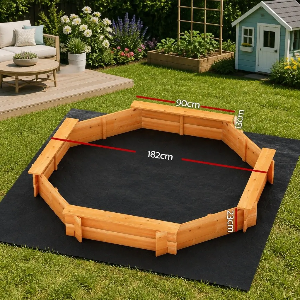Wooden Sandpit Natural 182cm Octagon Shape with Integrated Bench Seating and Protective Cover