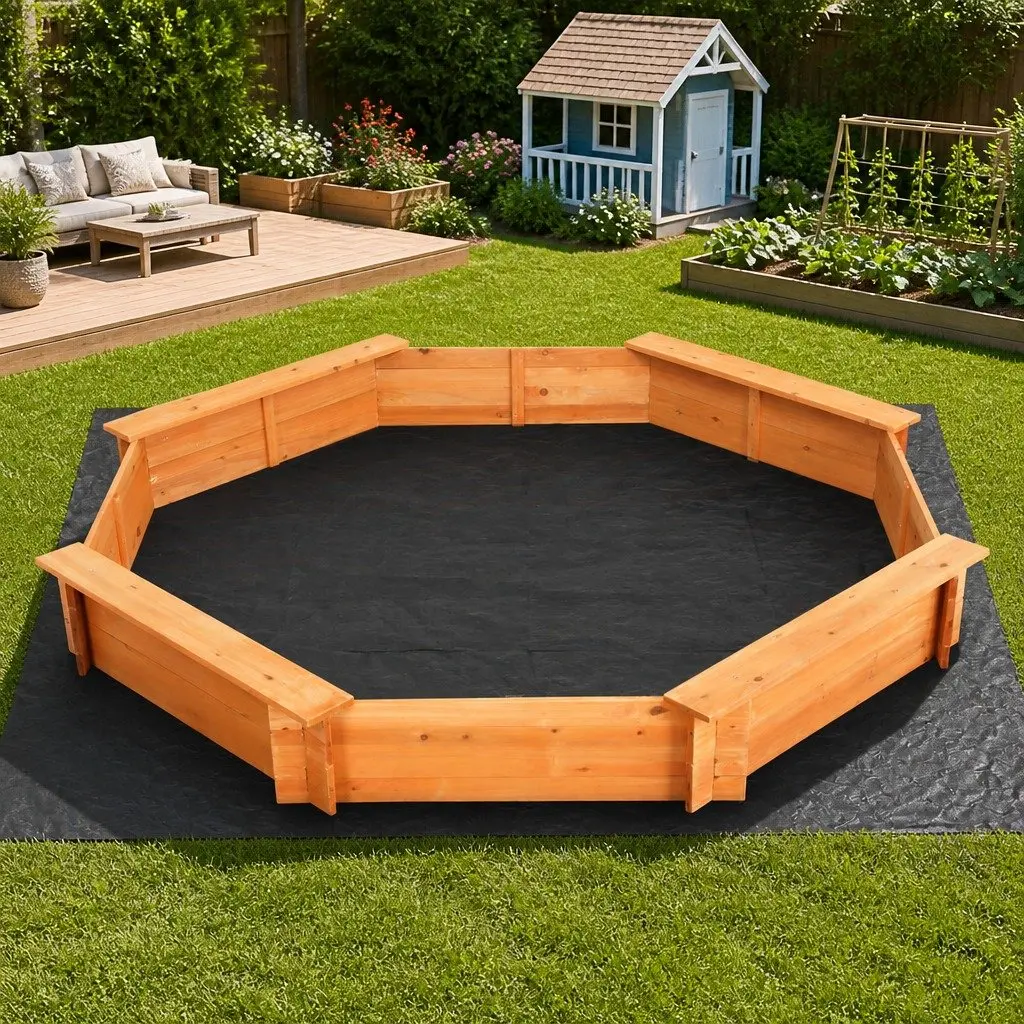 Wooden Sandpit Natural 182cm Octagon Shape with Integrated Bench Seating and Protective Cover