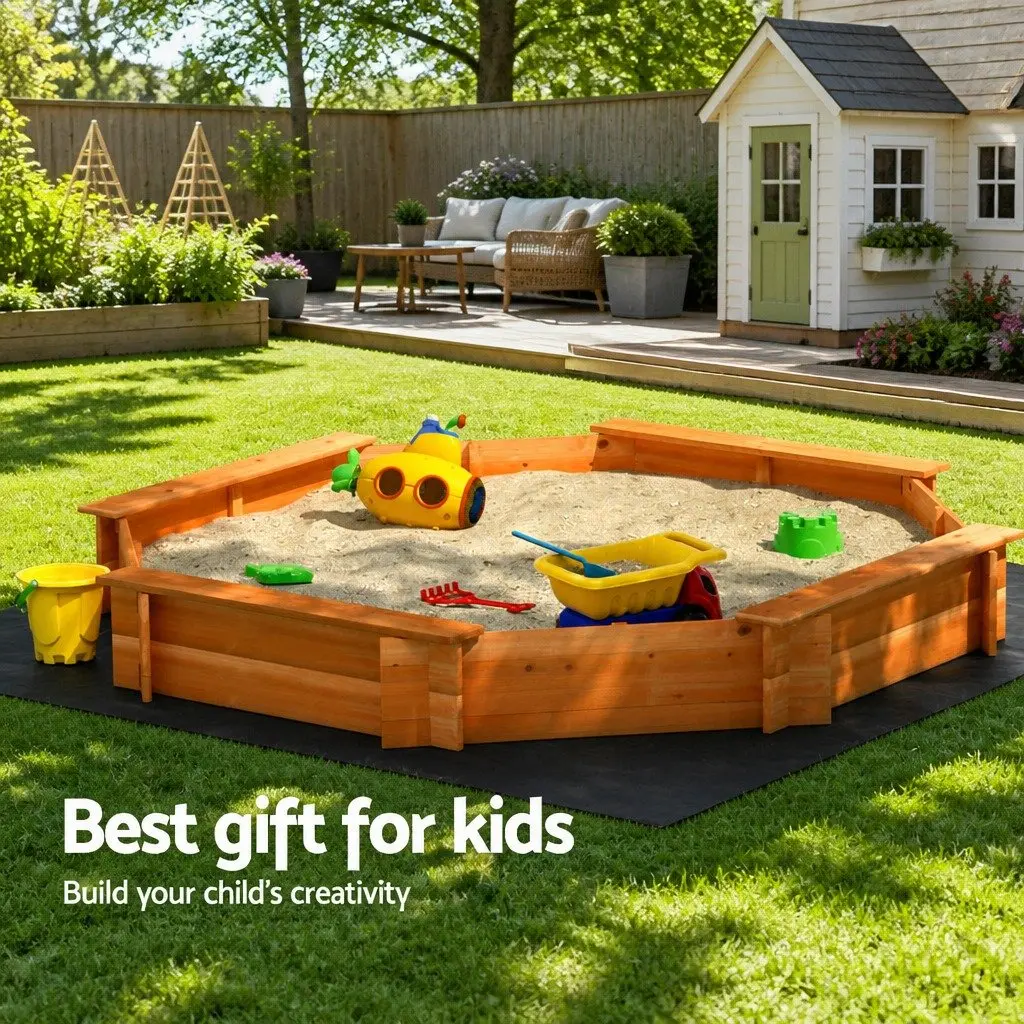 Wooden Sandpit Natural 182cm Octagon Shape with Integrated Bench Seating and Protective Cover