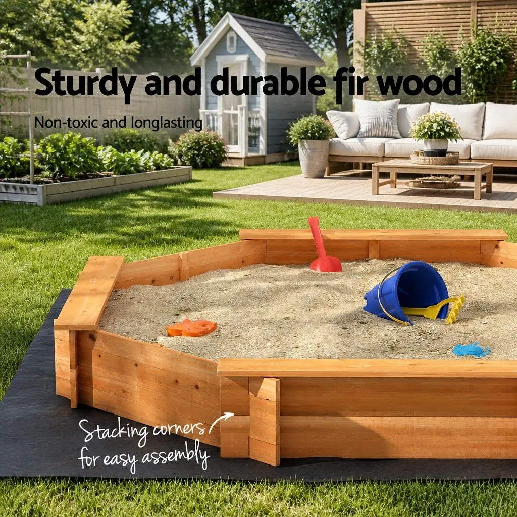 Wooden Sandpit Natural 182cm Octagon Shape with Integrated Bench Seating and Protective Cover