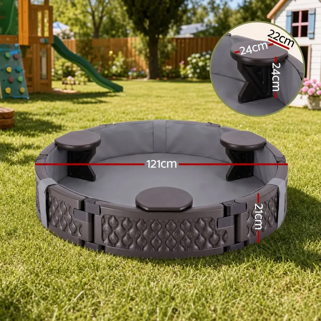 Kids Outdoor Sandpit Brown Round 121cm with 3 Seats Cover and Liner