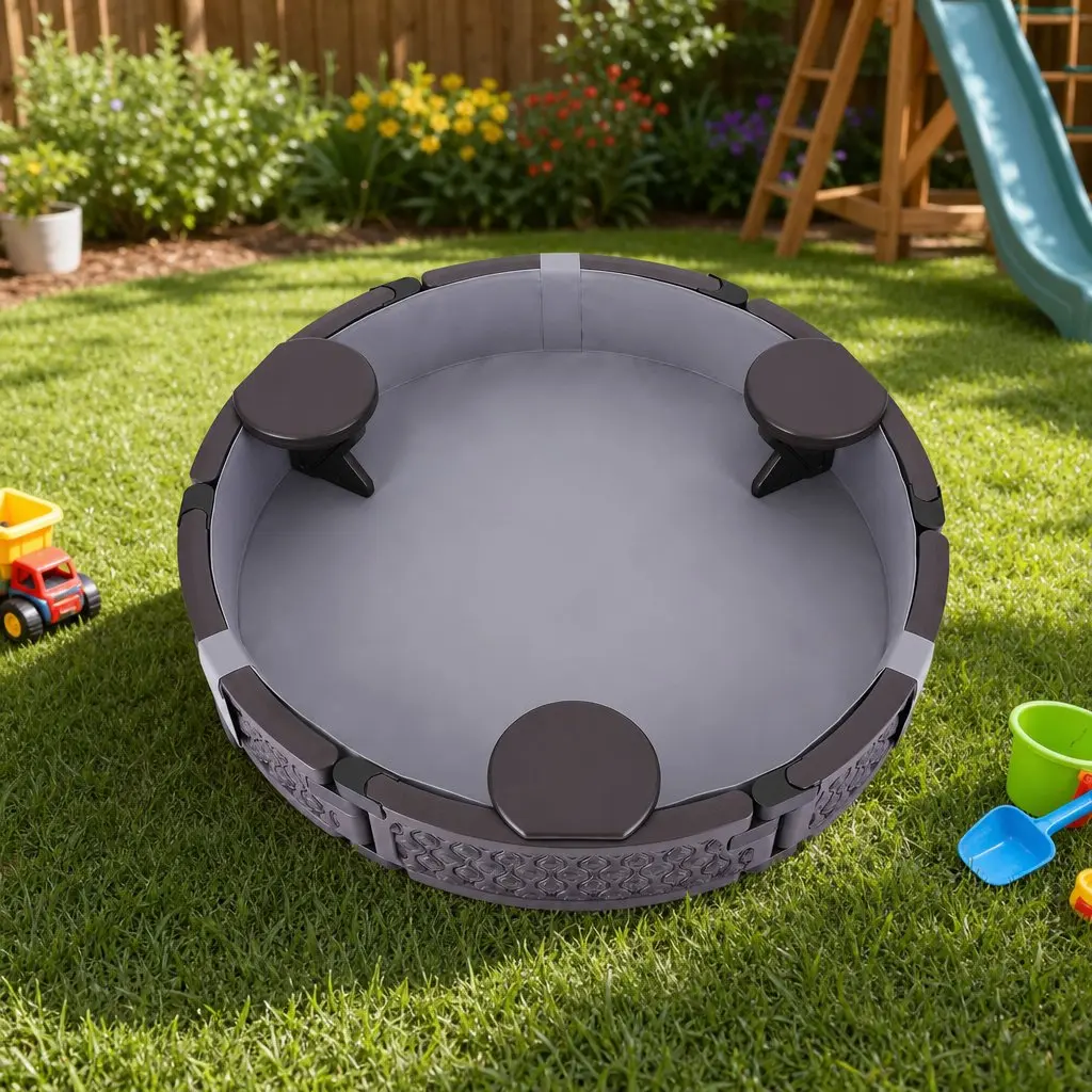 Kids Outdoor Sandpit Brown Round 121cm with 3 Seats Cover and Liner