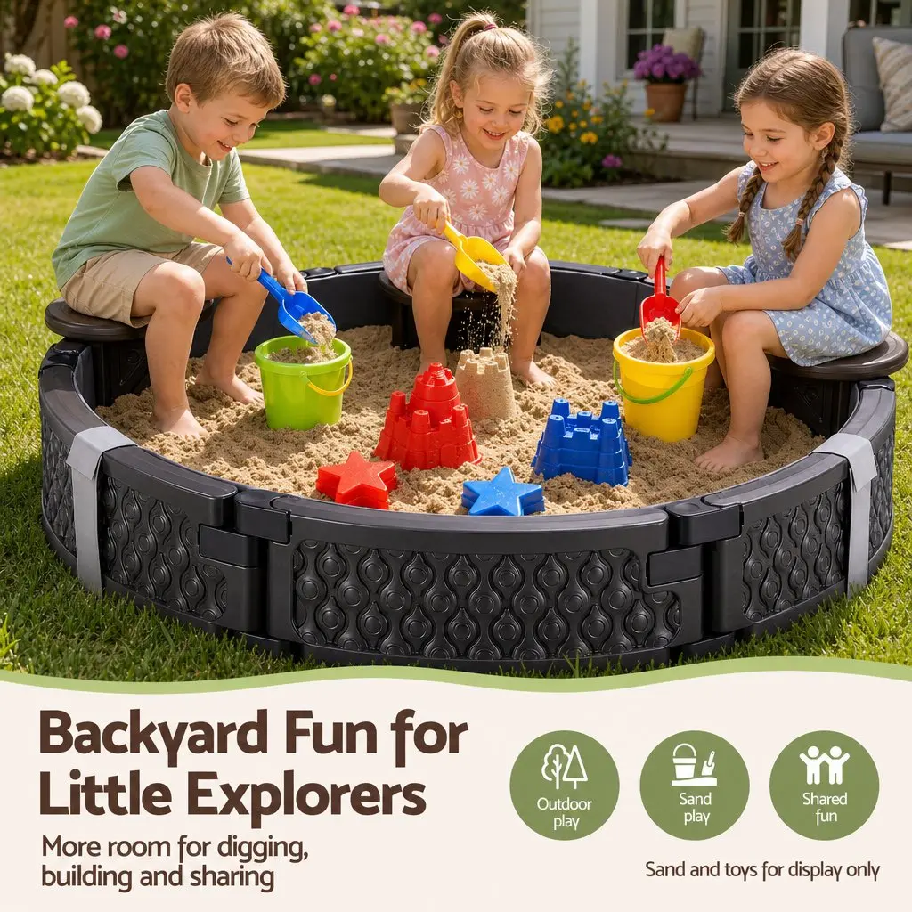 Kids Outdoor Sandpit Brown Round 121cm with 3 Seats Cover and Liner