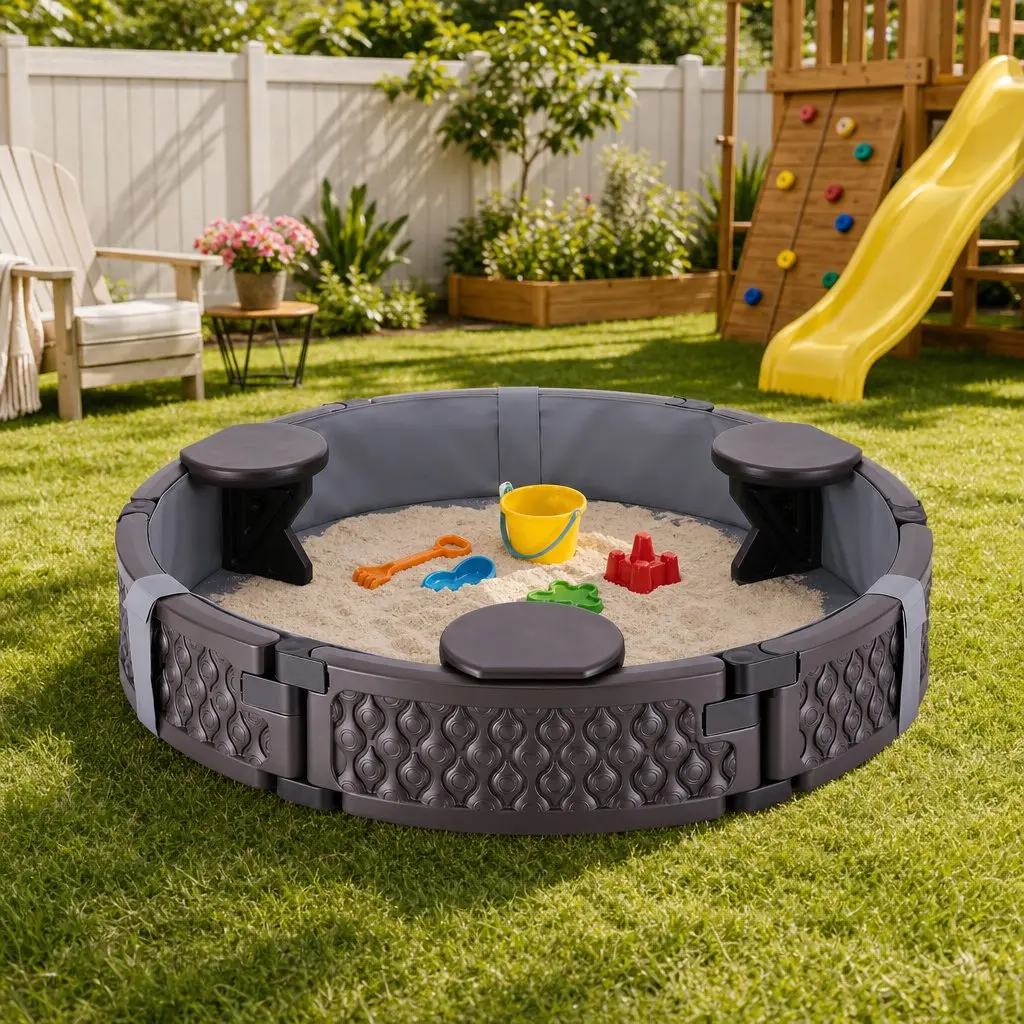 Kids Outdoor Sandpit Brown Round 121cm with 3 Seats Cover and Liner