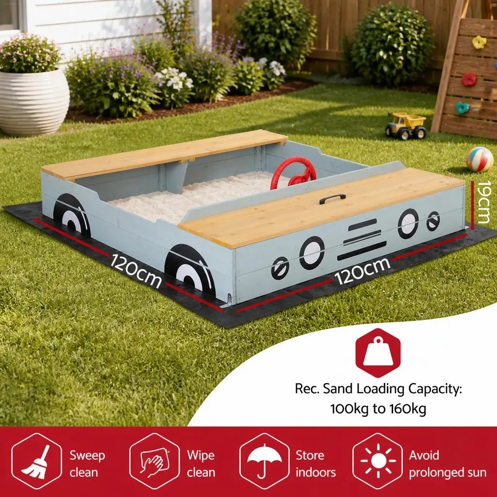 Wooden Car Sandbox 120cm Kids Outdoor Sandpit Bench Seats Storage Steering Wheel