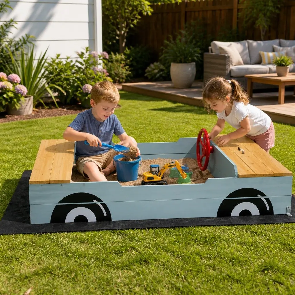 Wooden Car Sandbox 120cm Kids Outdoor Sandpit Bench Seats Storage Steering Wheel