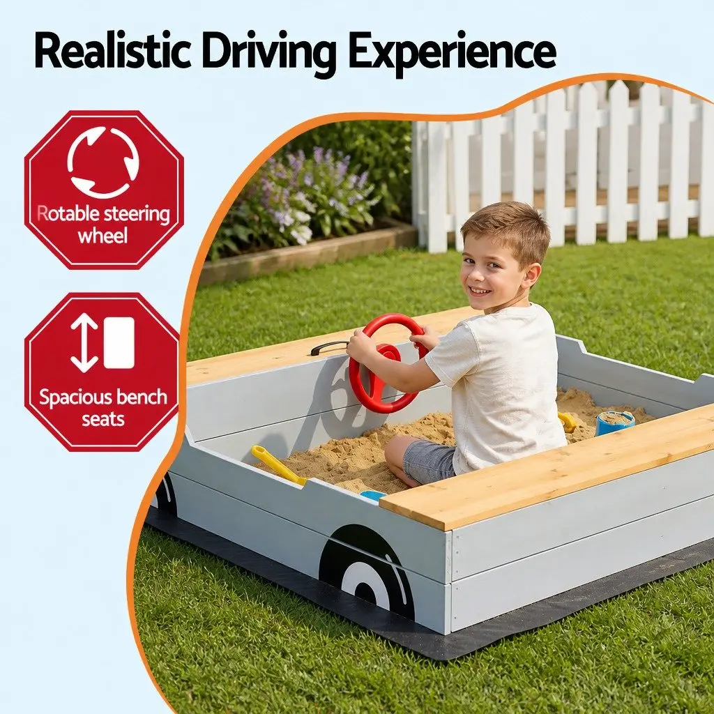 Wooden Car Sandbox 120cm Kids Outdoor Sandpit Bench Seats Storage Steering Wheel