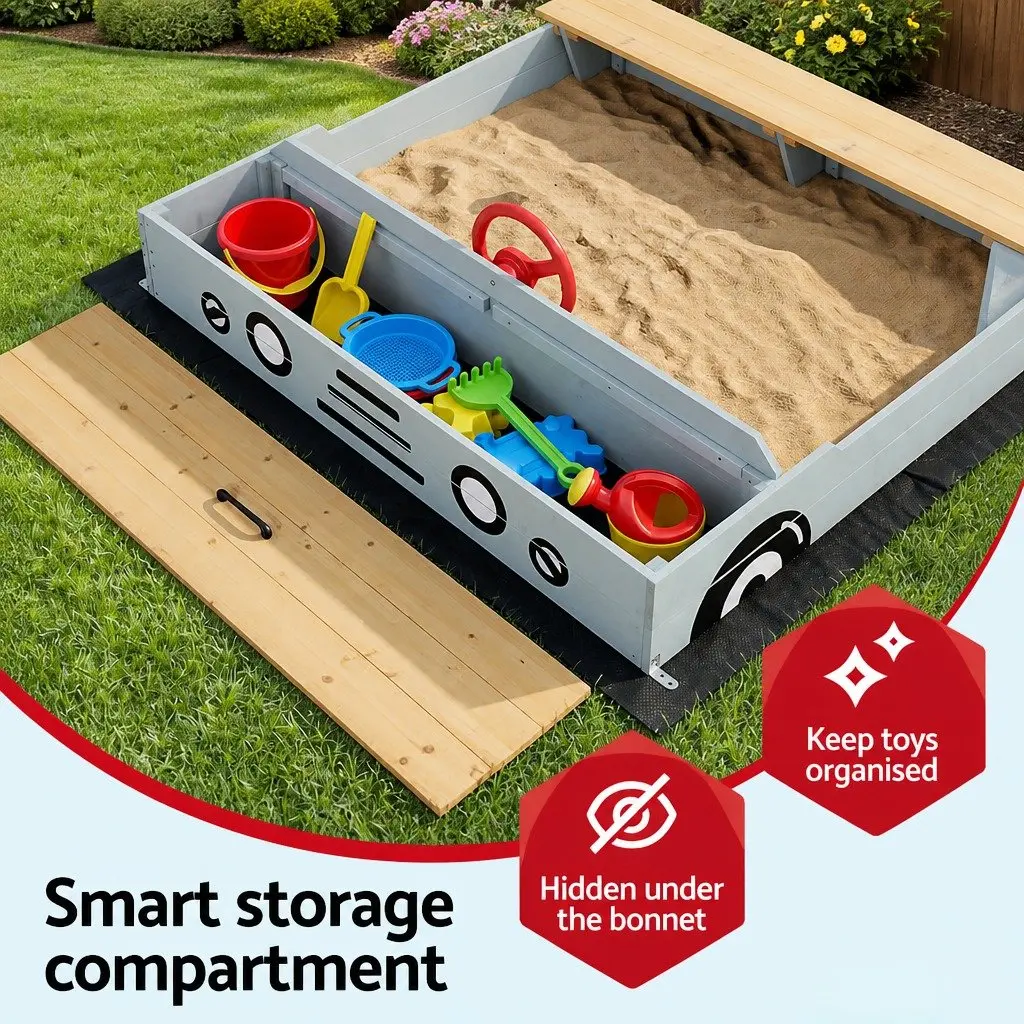 Wooden Car Sandbox 120cm Kids Outdoor Sandpit Bench Seats Storage Steering Wheel