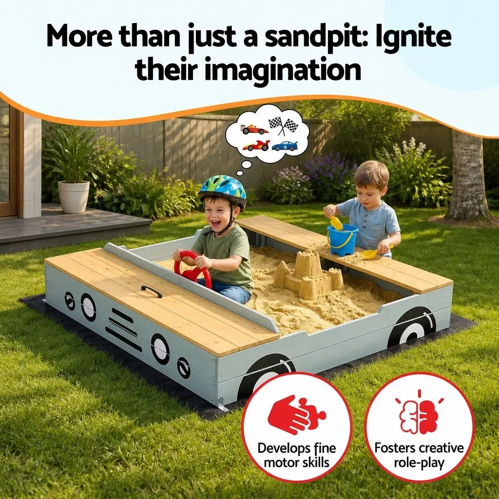 Wooden Car Sandbox 120cm Kids Outdoor Sandpit Bench Seats Storage Steering Wheel