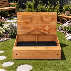 Kids Wooden Sandbox 120cm Outdoor Sand Pit with Cover Funnel Spinning Wheel