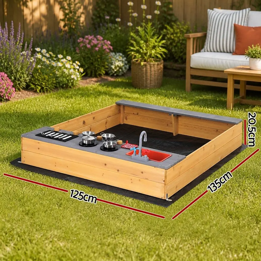 Wooden Sandpit Mud Kitchen Natural Wood 125 x 135 cm 2-in-1 Outdoor Activity Toy with Sink Stove BBQ Grill and Storage Shelf