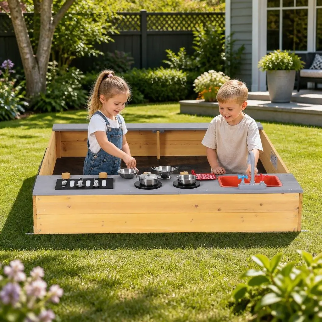 Wooden Sandpit Mud Kitchen Natural Wood 125 x 135 cm 2-in-1 Outdoor Activity Toy with Sink Stove BBQ Grill and Storage Shelf