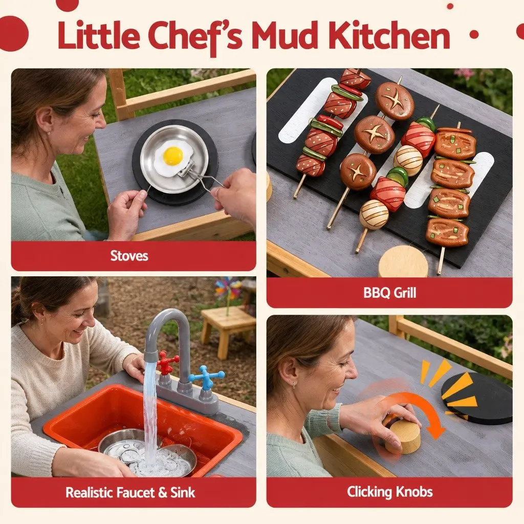 Wooden Sandpit Mud Kitchen Natural Wood 125 x 135 cm 2-in-1 Outdoor Activity Toy with Sink Stove BBQ Grill and Storage Shelf