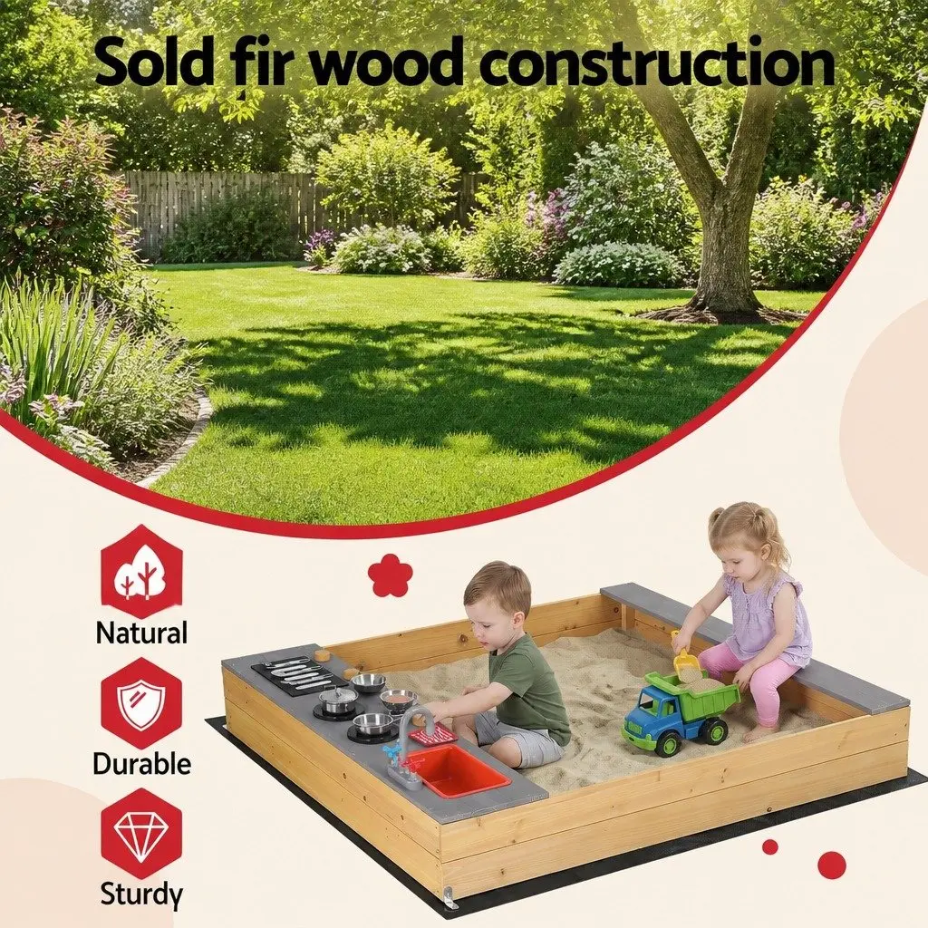 Wooden Sandpit Mud Kitchen Natural Wood 125 x 135 cm 2-in-1 Outdoor Activity Toy with Sink Stove BBQ Grill and Storage Shelf