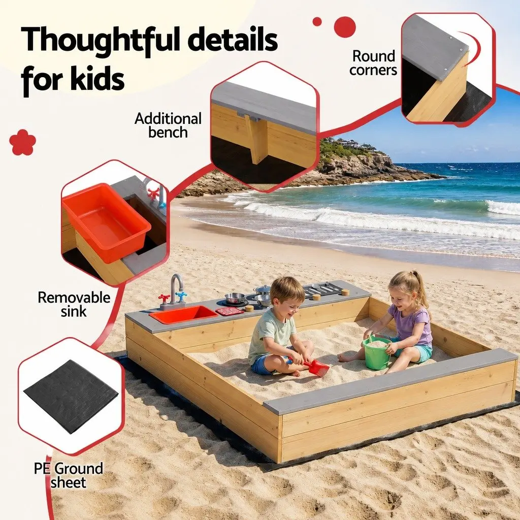 Wooden Sandpit Mud Kitchen Natural Wood 125 x 135 cm 2-in-1 Outdoor Activity Toy with Sink Stove BBQ Grill and Storage Shelf