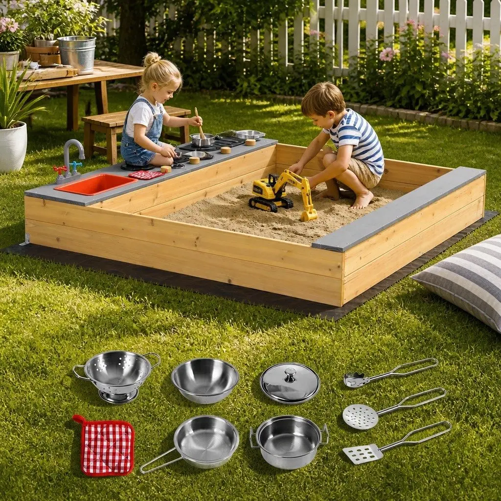 Wooden Sandpit Mud Kitchen Natural Wood 125 x 135 cm 2-in-1 Outdoor Activity Toy with Sink Stove BBQ Grill and Storage Shelf
