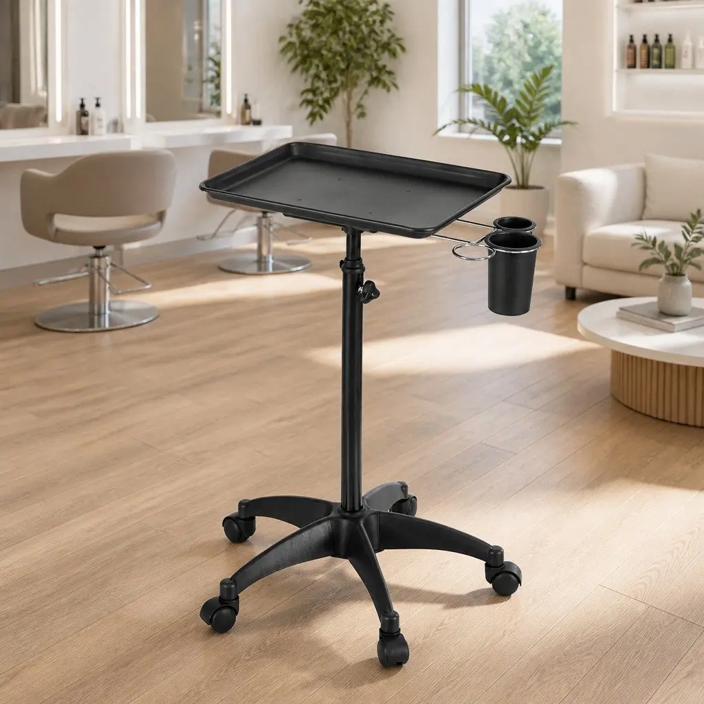 Salon Trolley Cart Black Adjustable Height Rolling Storage Tray Five Wheels