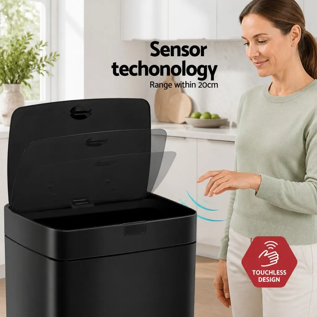 Automatic Bin Black Steel 45L Hands-Free Motion Sensor Soft Close
