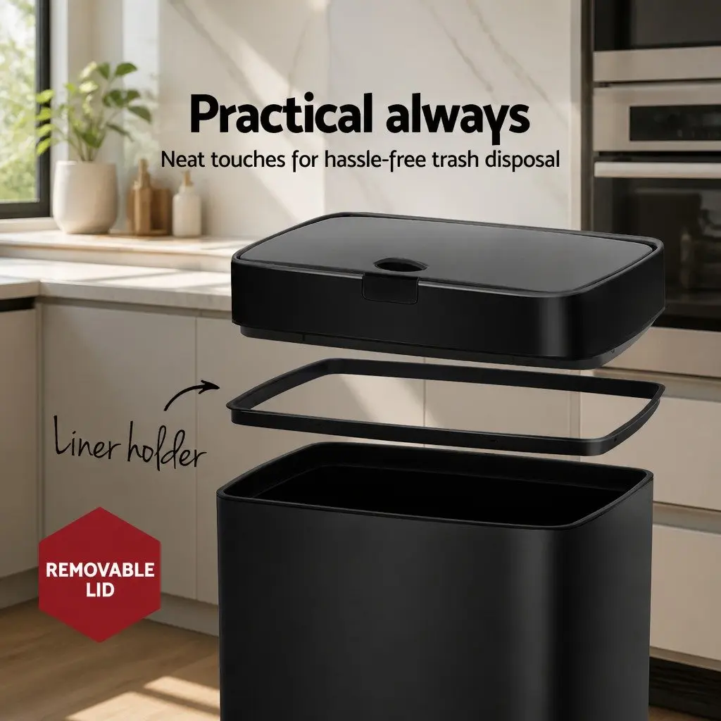 Automatic Bin Black Steel 45L Hands-Free Motion Sensor Soft Close