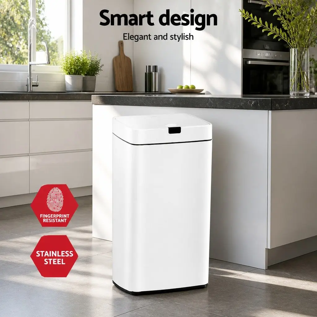 Automatic Bin White 45L Motion Sensor Hands-Free Kitchen Waste Steel