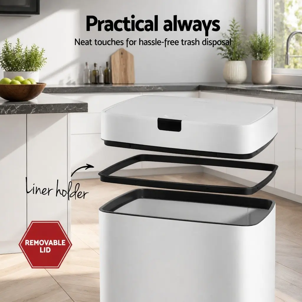 Automatic Bin White 45L Motion Sensor Hands-Free Kitchen Waste Steel