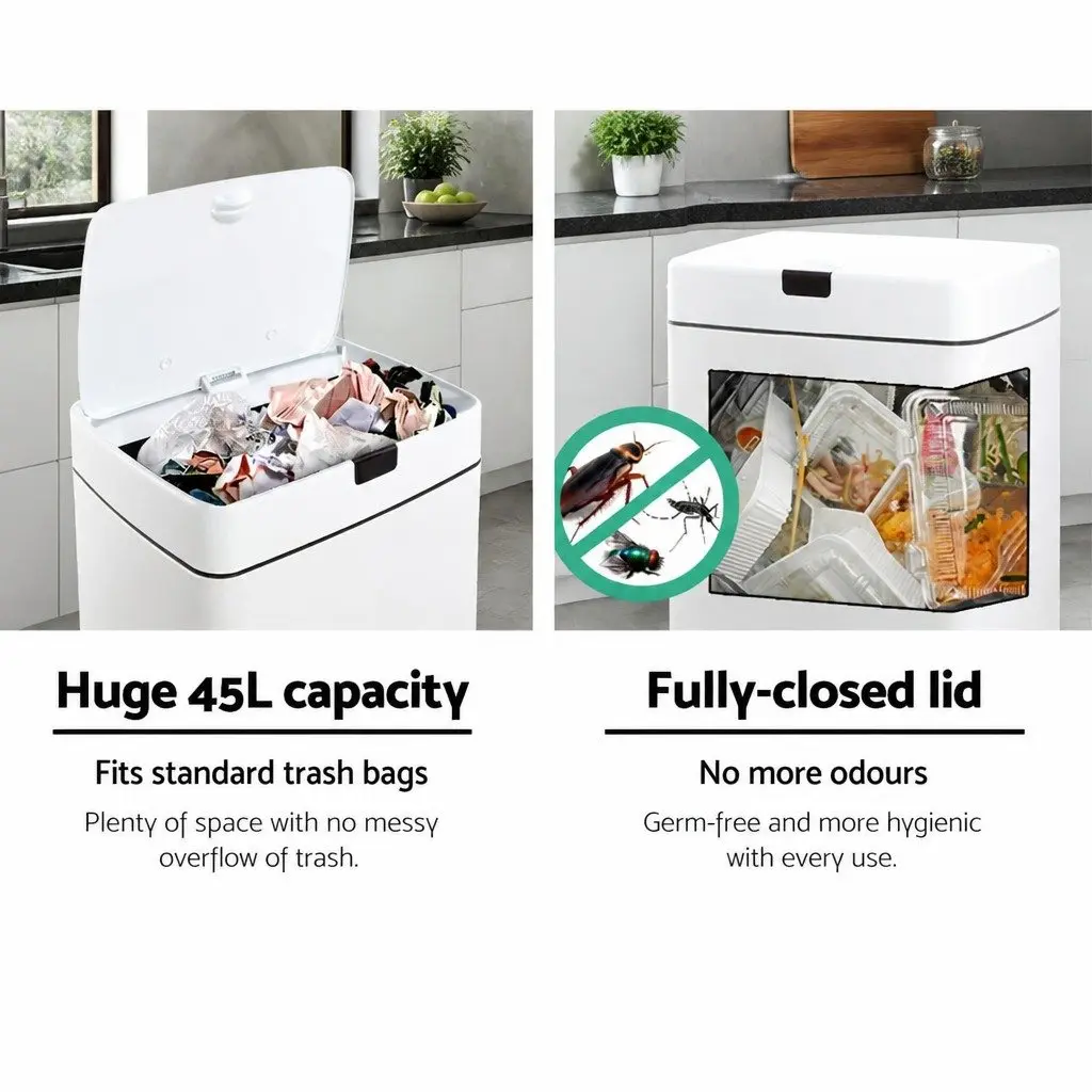 Automatic Bin White 45L Motion Sensor Hands-Free Kitchen Waste Steel