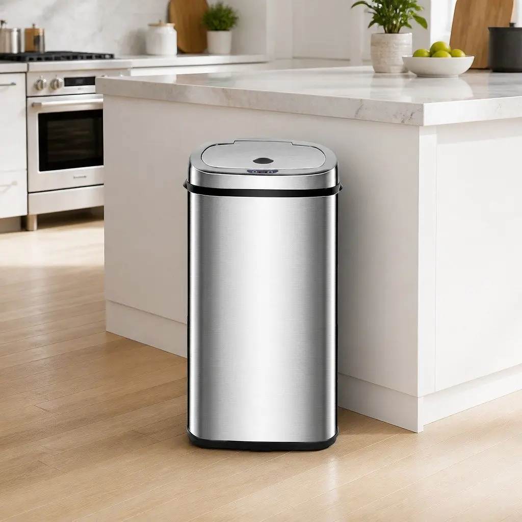 Automatic Bin Silver 50L Motion Sensor Hands-Free Operation Stainless Steel