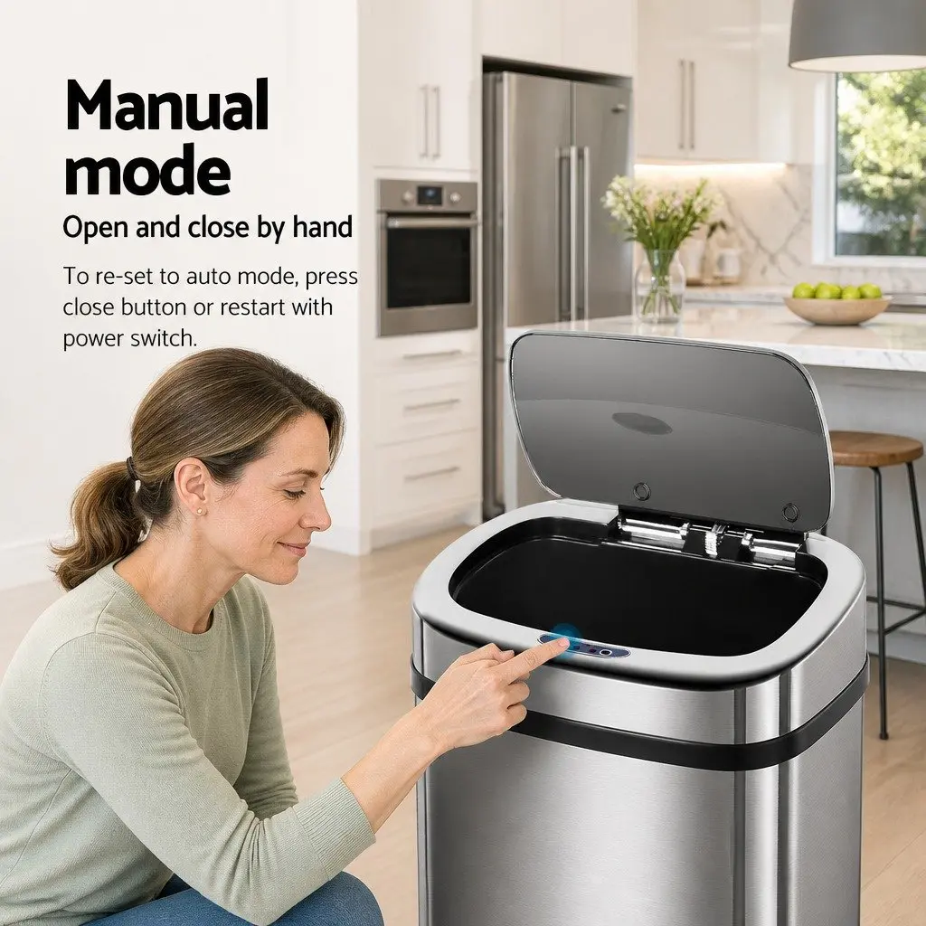 Automatic Bin Silver 50L Motion Sensor Hands-Free Operation Stainless Steel