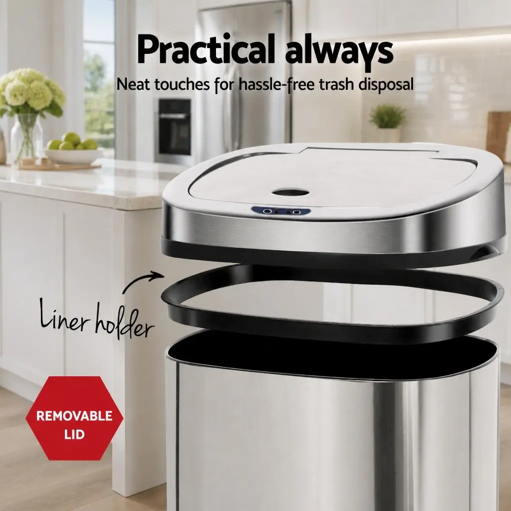 Automatic Bin Silver 50L Motion Sensor Hands-Free Operation Stainless Steel