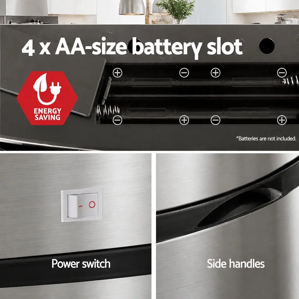 Automatic Bin Silver 50L Motion Sensor Hands-Free Operation Stainless Steel