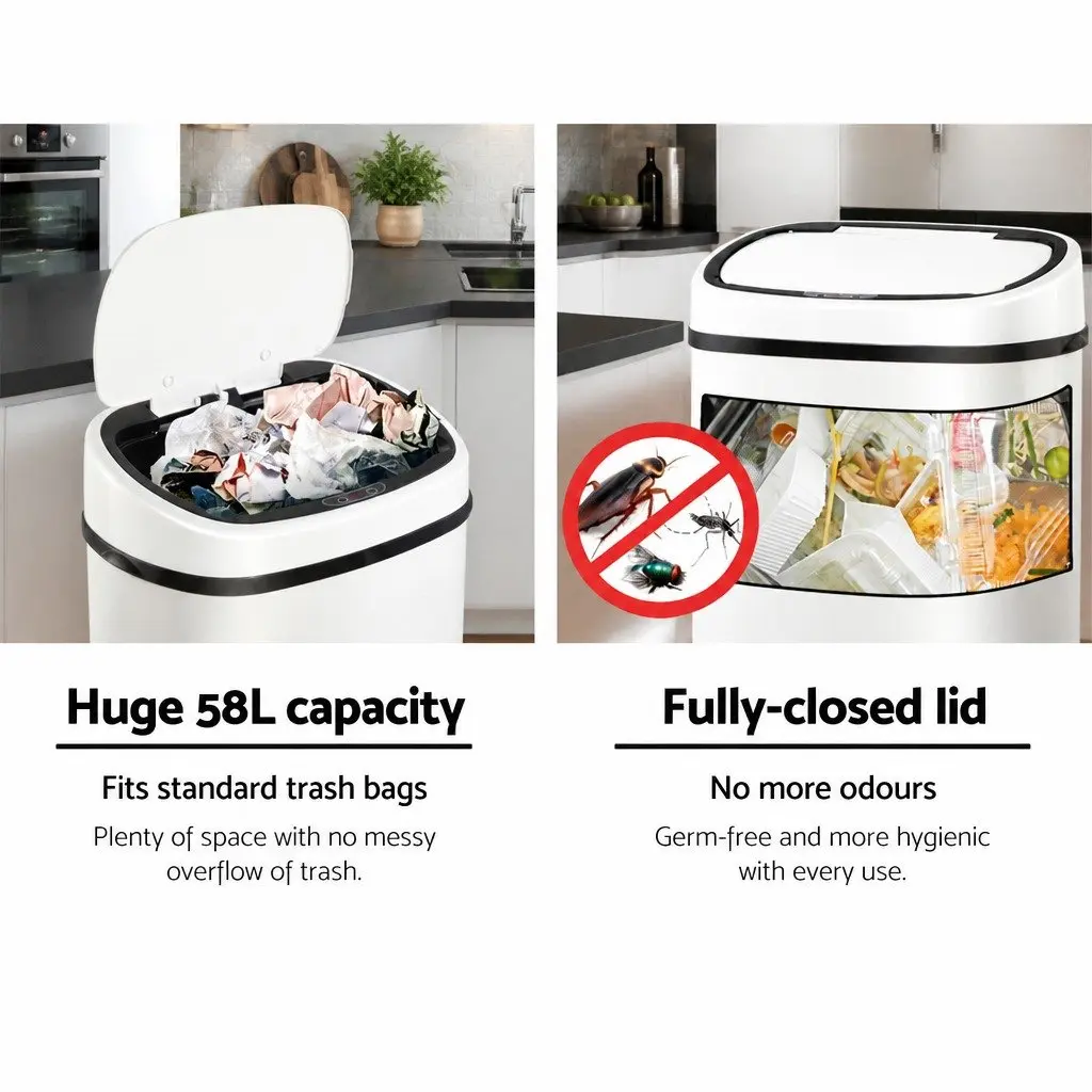 Automatic Bin White 58L Motion Sensor Hands-Free Kitchen Waste Fingerprint-Resistant Steel