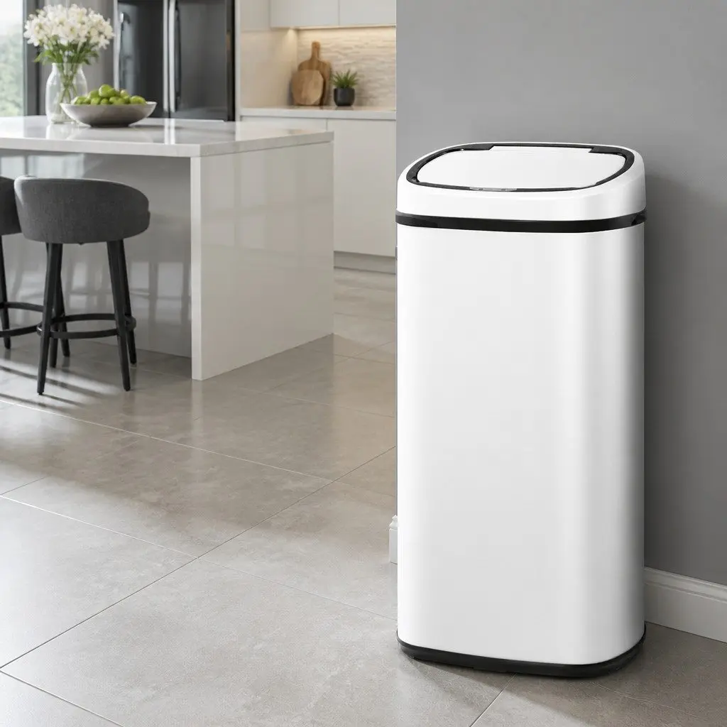 Automatic Bin White 68L Motion Sensor Hands-Free Steel